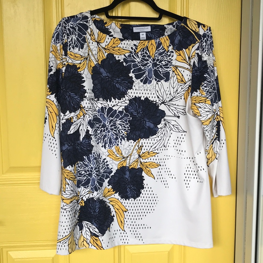 Navy & Yellow Floral on White 3/4 Stretchy Tee